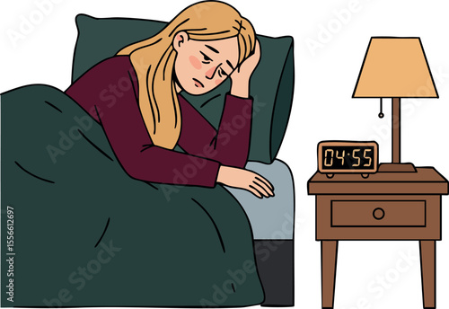 Woman waking up early morning tired and stressed in bed next to bedside table with lamp and clock vector illustration