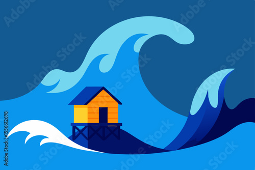 Small House on Stilts Facing Immense Ocean Waves A Coastal Illustration