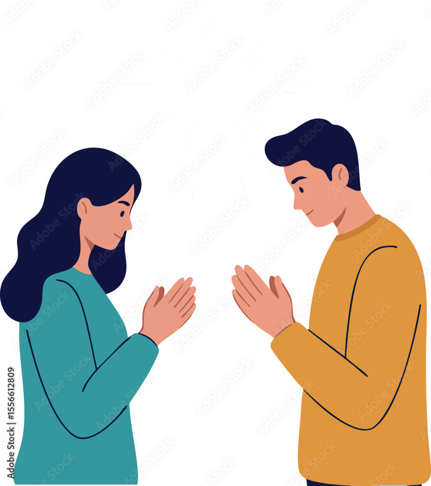 Fototapeta premium Man and woman facing each other with hands pressed in respectful greeting gesture vector illustration