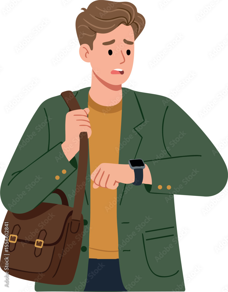 Young man checking smartwatch looking worried in green jacket with brown bag vector illustration Young man checking smartwatch looking worried in green jacket with brown bag vector illustration