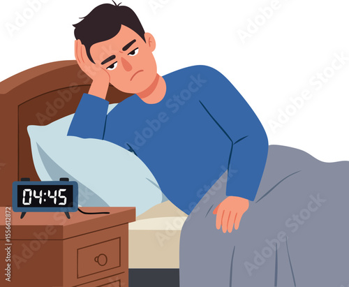 Man struggling with insomnia lying awake in bed early morning vector illustration