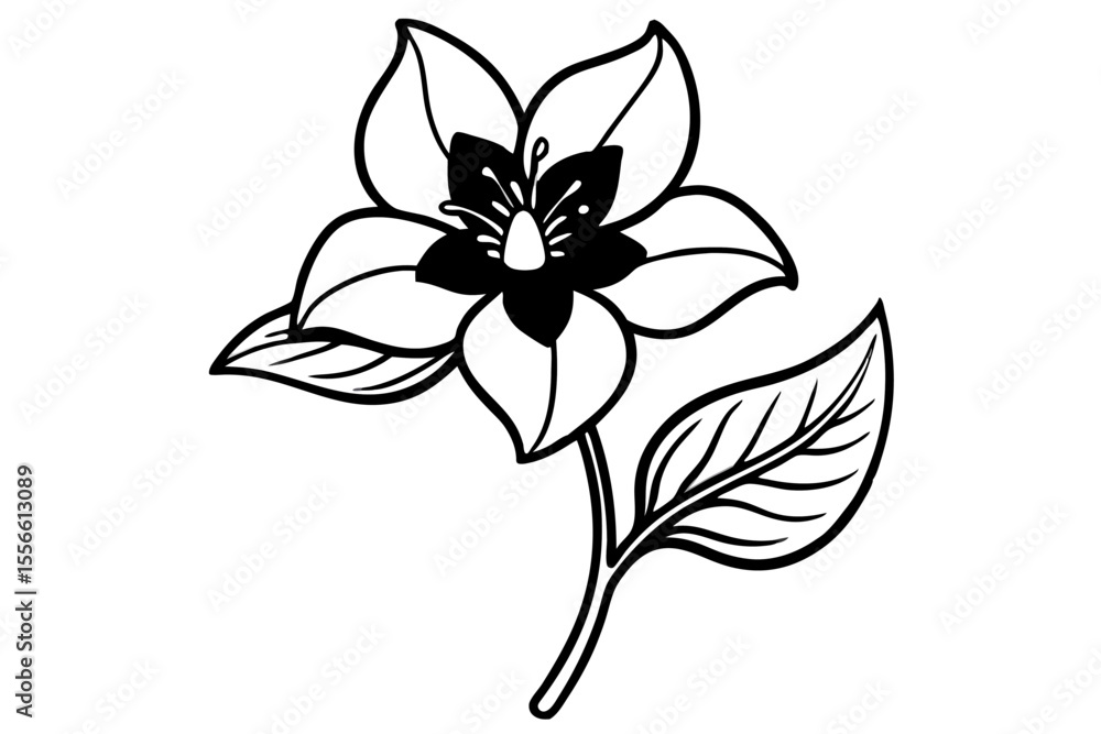 Black and white floral vector illustration of a flower with elegant leaves perfect for spring nature designs or decorative patterns Black and white floral vector illustration of a flower with elegant leaves perfect for spring nature designs or decorative patterns