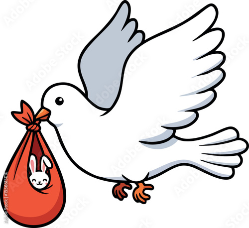 White dove carrying red bundle with baby bunny vector illustration of peaceful animal delivering gift for spring and Easter celebration
