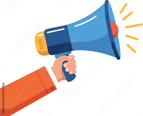 Megaphone held by human hand with orange sleeve shouting announcement or alert in blue and yellow vector illustration