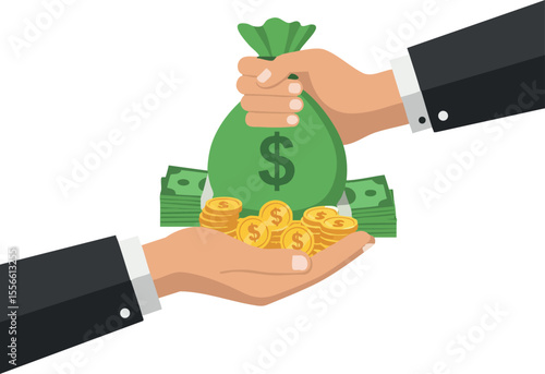 Money bag with dollar sign and coins exchanging between two hands in business transaction vector illustration