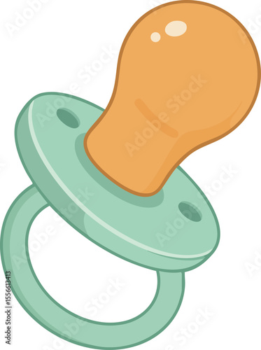 Baby pacifier with orange nipple and green handle vector illustration for infant soothing tool and newborn comfort design