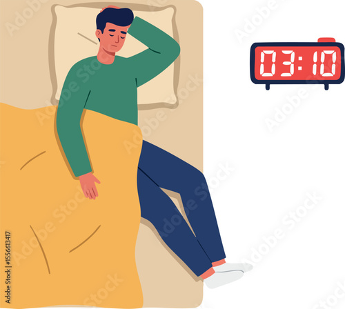 Man lying awake in bed at night looking at digital clock showing 3 10 am insomnia and sleep issues illustration