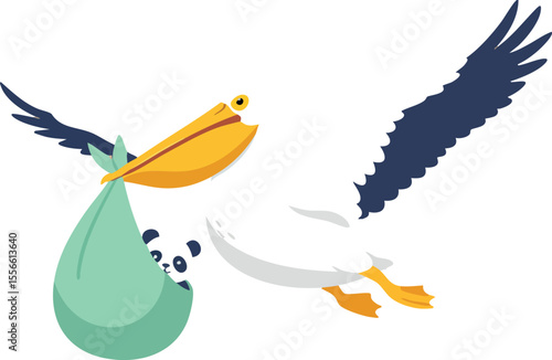 Pelican flying with green sack carrying baby panda vector illustration in white background