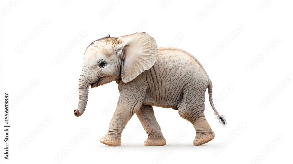 Fototapeta premium A cute young elephant calf walking on a white background, showcasing its wrinkled skin and large ears.