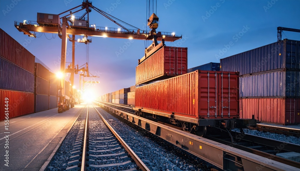 Obraz premium Container Stacking and Freight Loading at Dusk in a Shipping Yard with Cranes