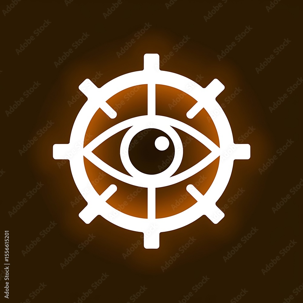 Obraz premium Stay Focused—eye icon inside a bullseye, high precision vibe, with thick white sticker-style outline around the design, solid black background, high contrast, centered composition