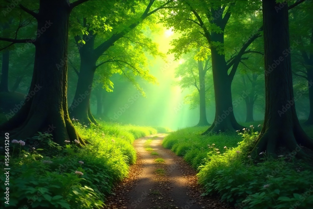 Naklejka premium Sun-Dappled Forest Path Magical Woodland Scene with Peaceful Sunlight Filtering Through Lush Green Leaves, Perfect for Fantasy and Fairytale Themes