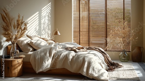 A bedroom with a natural and warm aesthetic.