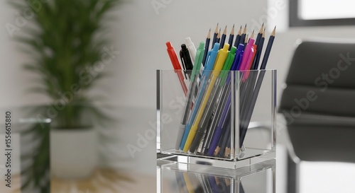 A clear acrylic pen and pencil holder sits on a desk, filled with colorful writing instruments.