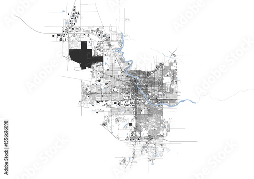 South Bend map featuring highways, buildings, and waterways. Clean vector design, suitable for city landscape visualization.