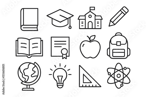 12 Set of clean black outline education icons
