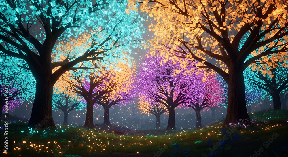 Fototapeta premium Enchanted Forest Glowing Trees and Magical Meadow