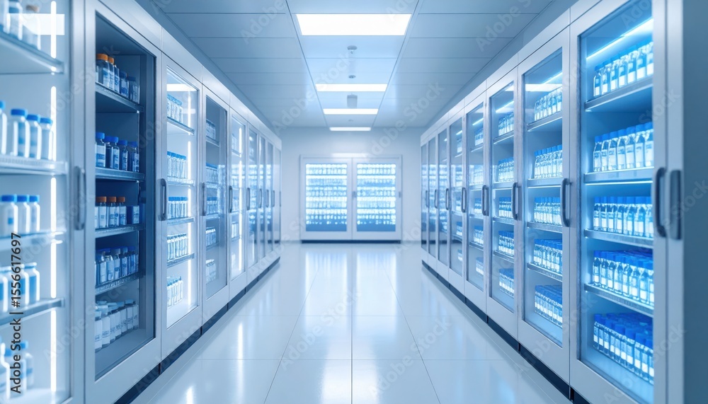 Modern pharmaceutical storage facility interior with rows of organized glass cabinets Modern pharmaceutical storage facility interior with rows of organized glass cabinets