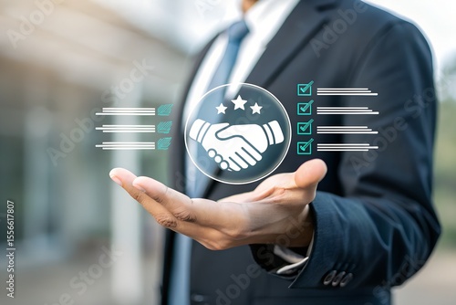 Trust partnership concept with businessman holding digital handshake icon, representing reliable cooperation, strategic success, long-term business relationships, B2B marketing, consulting.