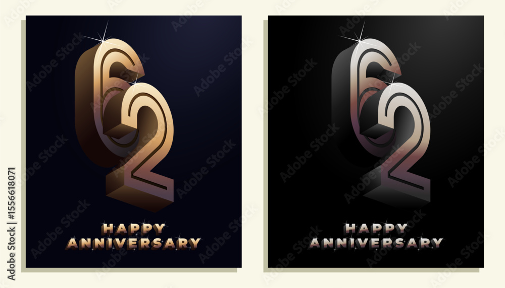Fototapeta premium 3d Year Anniversary Gold Metal Colour 62th, 62th Happy Anniversary with Elegant Colour, Luxury and Modern.
