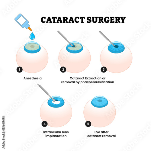 Cataract Surgery Procedure Process Progress Diagram Healthcare, Educational Medical Poster Design, Labeled Stages of Lens Removal and Replacement with New Lens. Anesthesia, incision, Extraction.