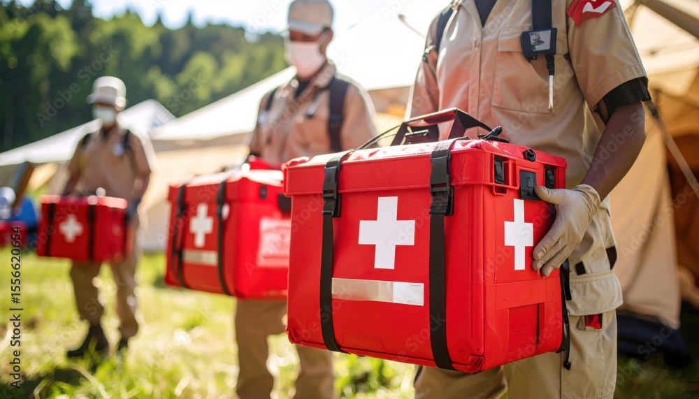 Obraz premium Emergency responders carrying first aid kits at outdoor disaster relief camp