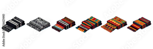 A row of folded patterned blankets or rugs in various colors and designs, displayed isometrically.