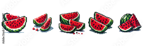 Slices of juicy watermelon arranged in various groupings, showcasing the vibrant red flesh and green rind.