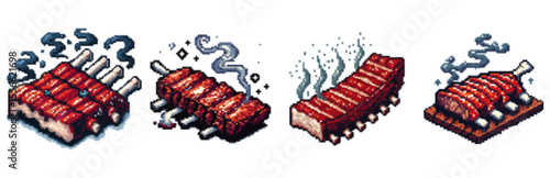 Four pixelated illustrations of cooked ribs, with smoke rising.