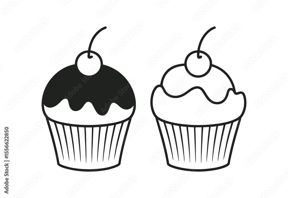 Two stylized cupcakes with cherries on top one filled and one outline Two stylized cupcakes with cherries on top one filled and one outline