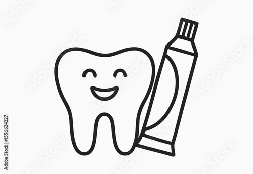 Happy cartoon tooth with a tube of toothpaste icon for dental care