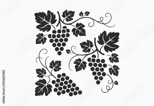Black silhouette of grapes and leaves on a white background