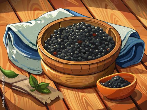 vector of A wooden bowl full of fragrant black pepper seeds is placed on a wooden table and a knafi napkin is placed on the table.