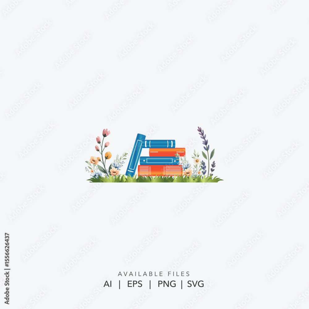 Obraz premium Charming Books and Wildflower Logo for Libraries, Whimsical Book and Garden Logo Design