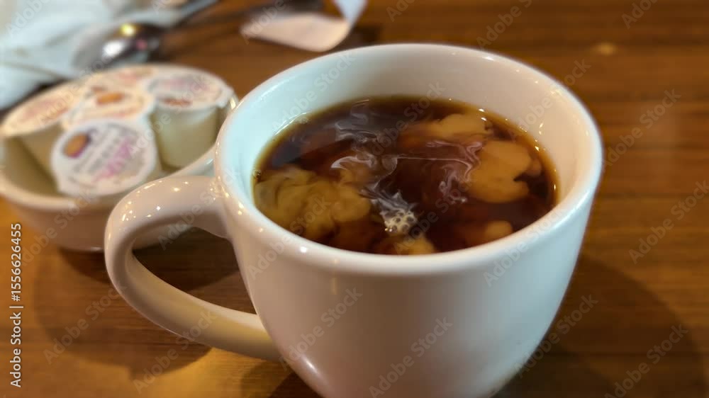 Pouring Cream into Hot Coffee at Classic Diner Table 4 Pouring Cream into Hot Coffee at Classic Diner Table 4