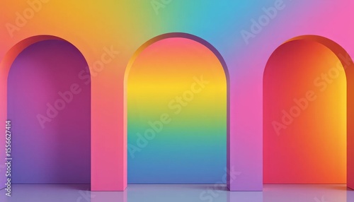 A group of three arches in a room with a rainbow colored wall.