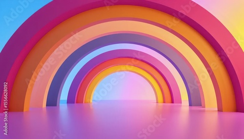 A rainbow colored room with a blue sky in the background.