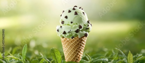 Refreshing mint chocolate chip ice cream cone in a lush, vibrant green meadow
