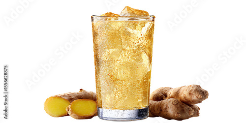 Refreshing ginger ale cocktail with ice cubes in a tall glass, garnished with fresh ginger root Concept of healthy beverage, summer drink, and natural ingredient