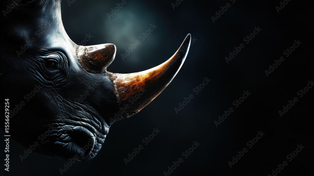 Obraz premium Majestic Profile of a Rhinoceros in Dramatic Low Light Setting