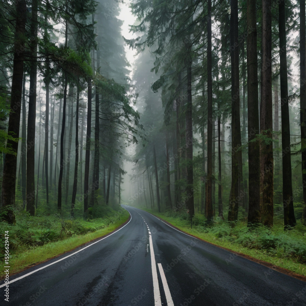 Winding road disappears into a misty forest with towering trees Winding road disappears into a misty forest with towering trees