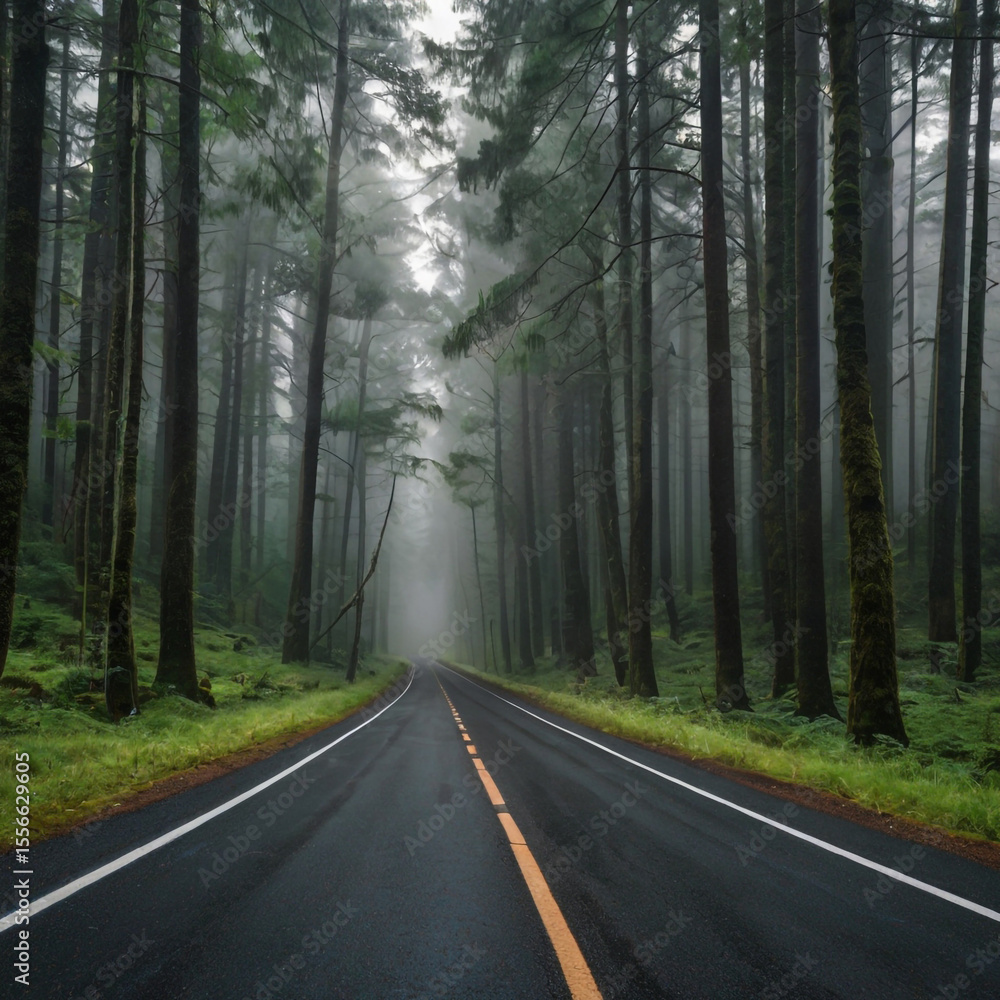 Obraz premium Road disappears into a foggy forest with tall trees lining the way