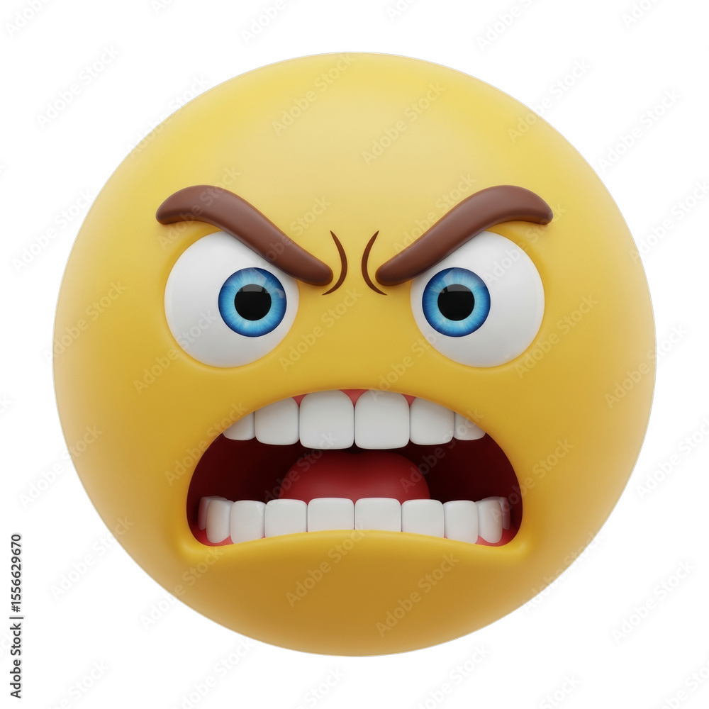 Fototapeta premium Angry emoji face emoticon expression furious mad upset irritation yellow round rendering isolated on transparent background