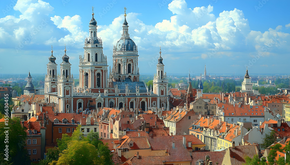 Fototapeta premium Vilnius cityscape featuring the Church of St Casimir with red ro