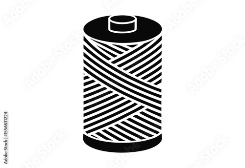 Black and white graphic silhouette of a spool of thread with diagonal lines
