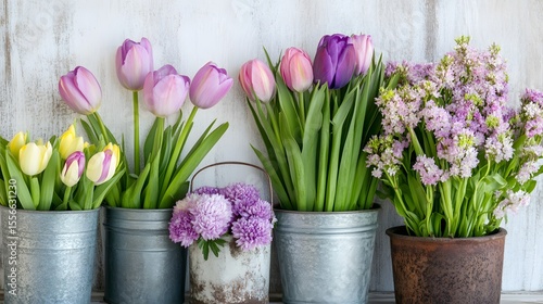 Spring Flowers in Vintage Metal Buckets