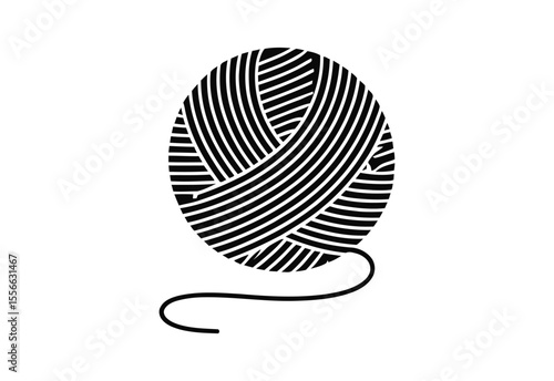 Stylized black and white graphic of a ball of yarn with a loose strand