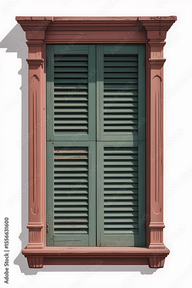 Fototapeta premium Ornate window with green shutters and a reddish-brown frame.
