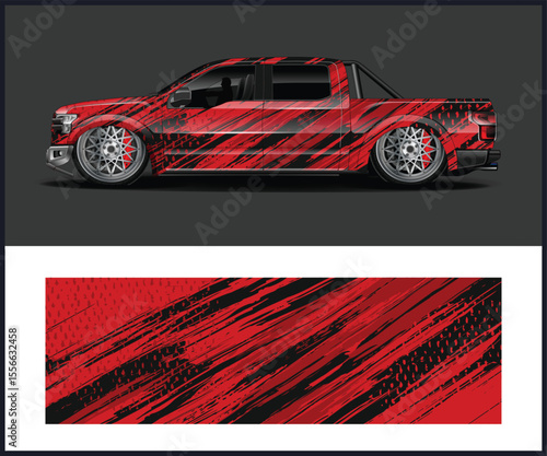 Red and Black Racing Graphic on a Lowered Pickup Truck Illustration