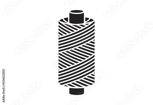 Stylized black and white illustration of a spool of thread with diagonal lines